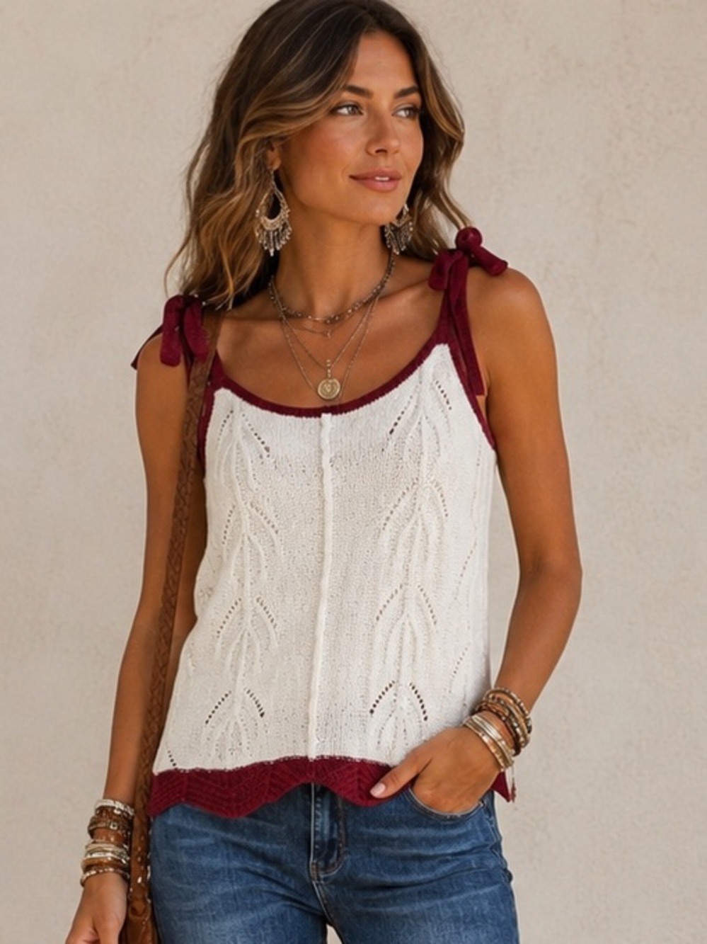 POL SLEEVELESS KNIT CREME AND BURGUNDY CAMI TOP SIZE SMALL NWOT